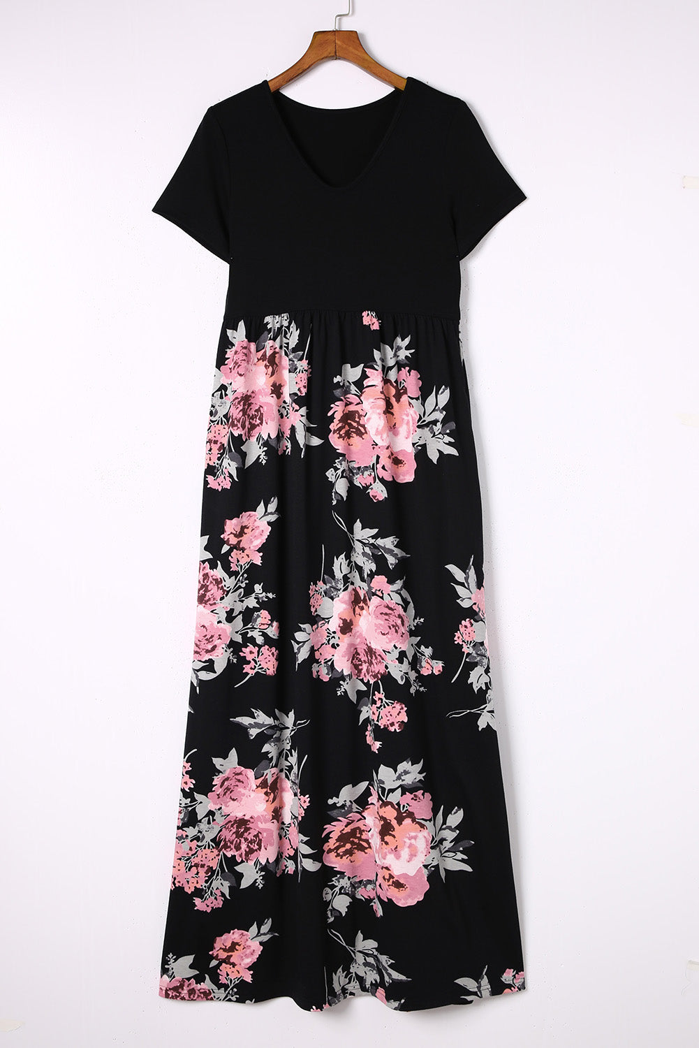 Black Contrast Floral Empire Waist Maxi Dress