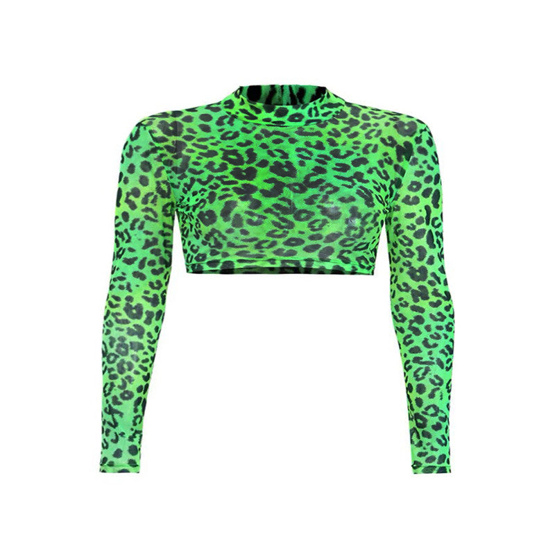 Enges Oberteil aus fluoreszierendem grünem Leoparden-Tüll