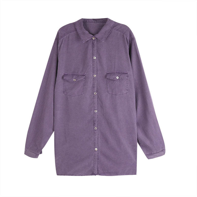 A water striped purple Tencel shirt female tide long sleeve loose fashion shirt chic shirt early autumn