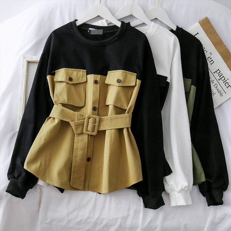 Color contrast breasted high waist long sleeves