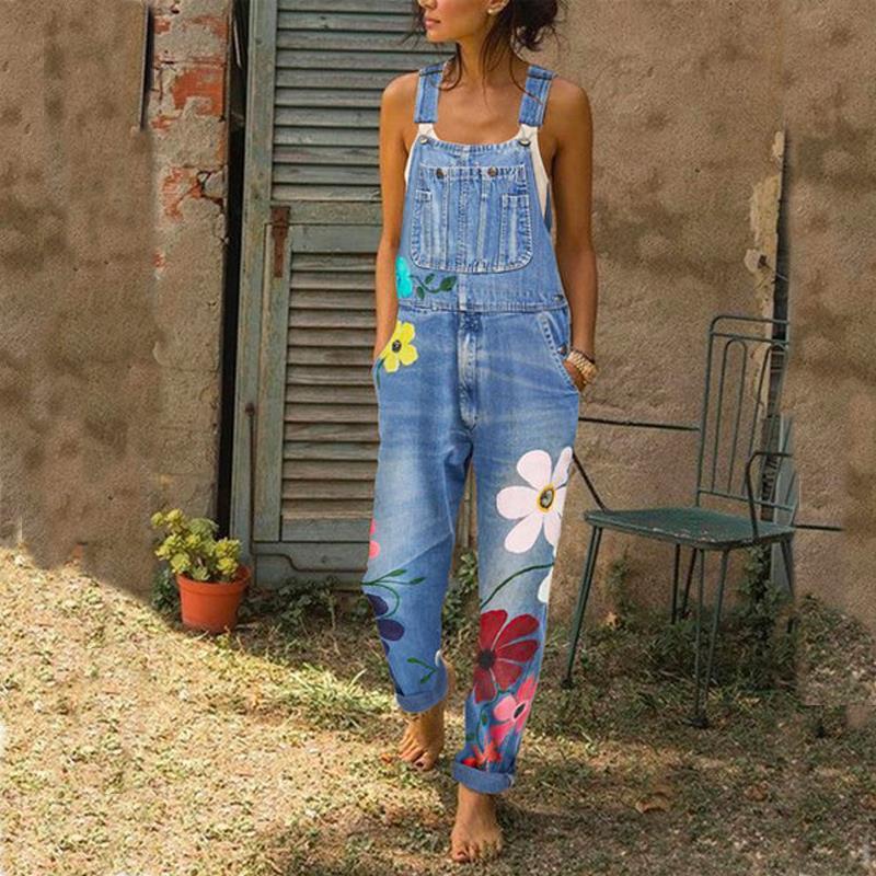 Floral Print Denim Overalls Long Trousers Jumpsuit With Pockets