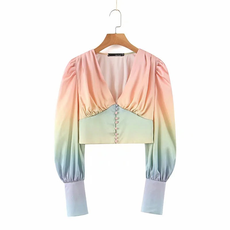 Colorful gradient lantern sleeve short shirt