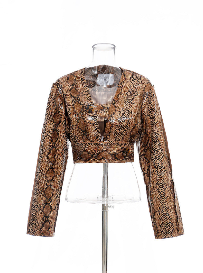 Snakeskin Pattern Pu Short Fashion Casual Short Coat Leather Jacket