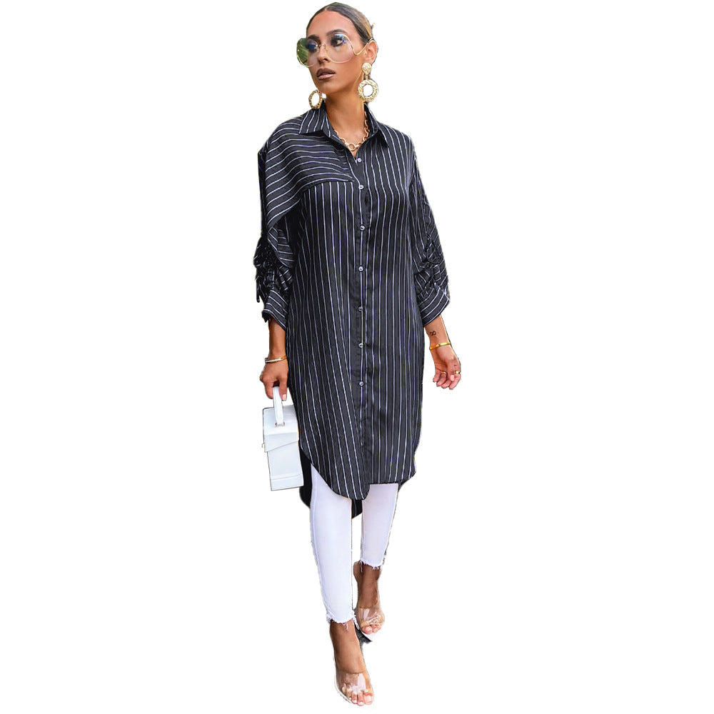 Striped Shirt Loose Long Thin Coat Choose Top