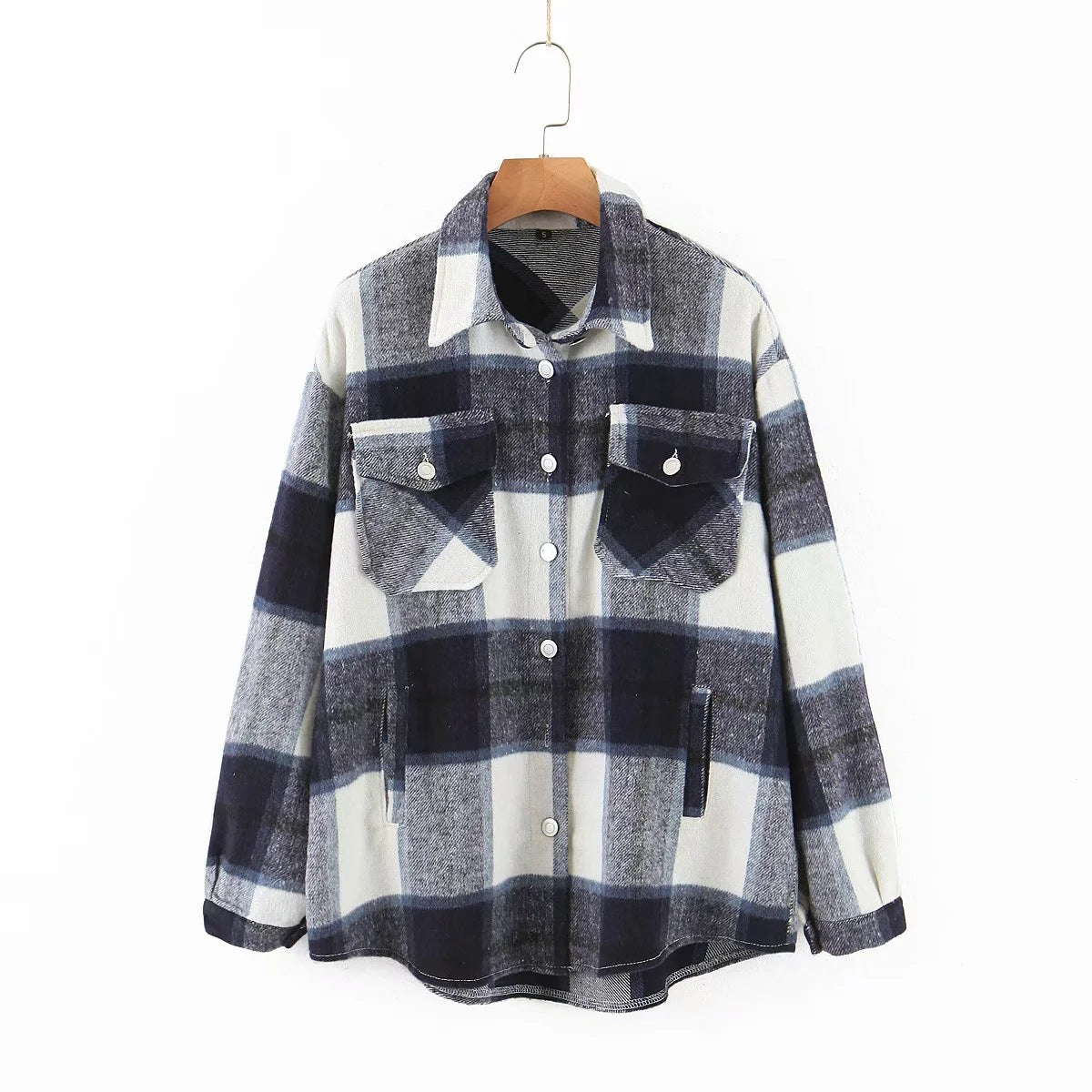 Casual Plaid Shirt Frauen Tweed Mantel Knöpfe Taschen Weibliche Jacke