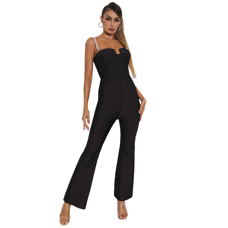 Modischer Damen-Overall mit Perlenschlinge, Crinkle-Taille und weitem Bein