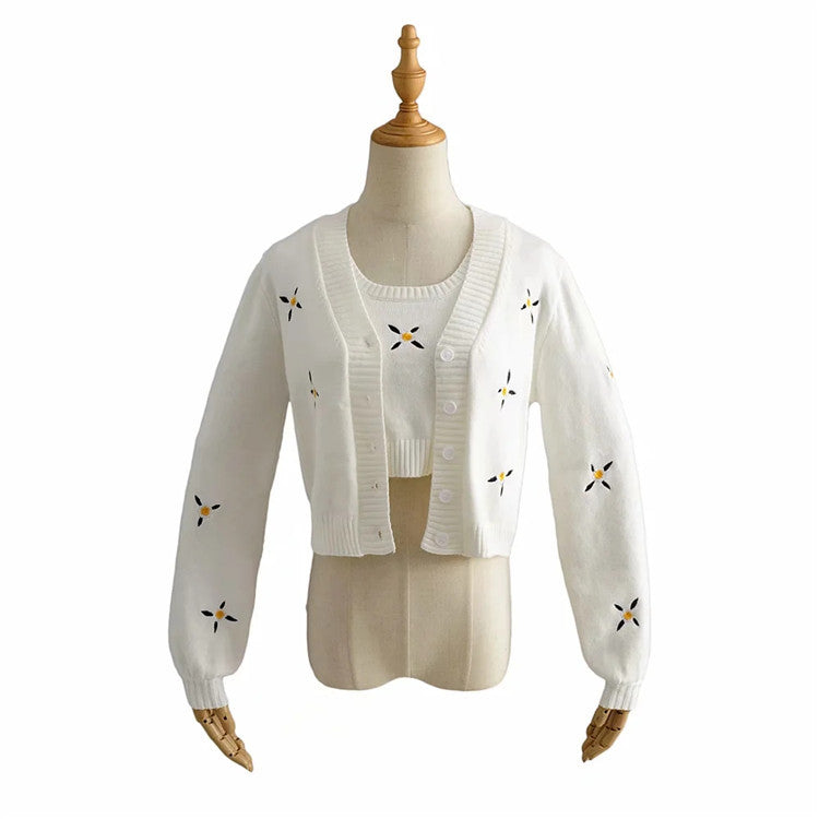 Flower embroidery sweater coat + all-match short vest two-piece women's clothing