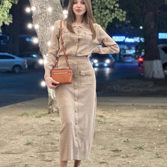 Traje de falda de lana con solapa plisada elegante elegante de primavera y otoño