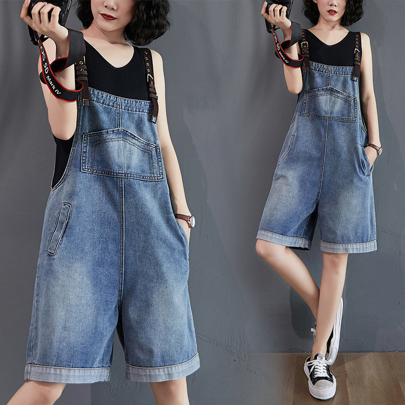 Women's Loose And Slim Wide Leg Denim Overalls Shorts