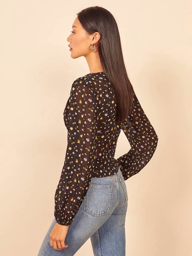 All-match V-neck floral print lantern sleeve top