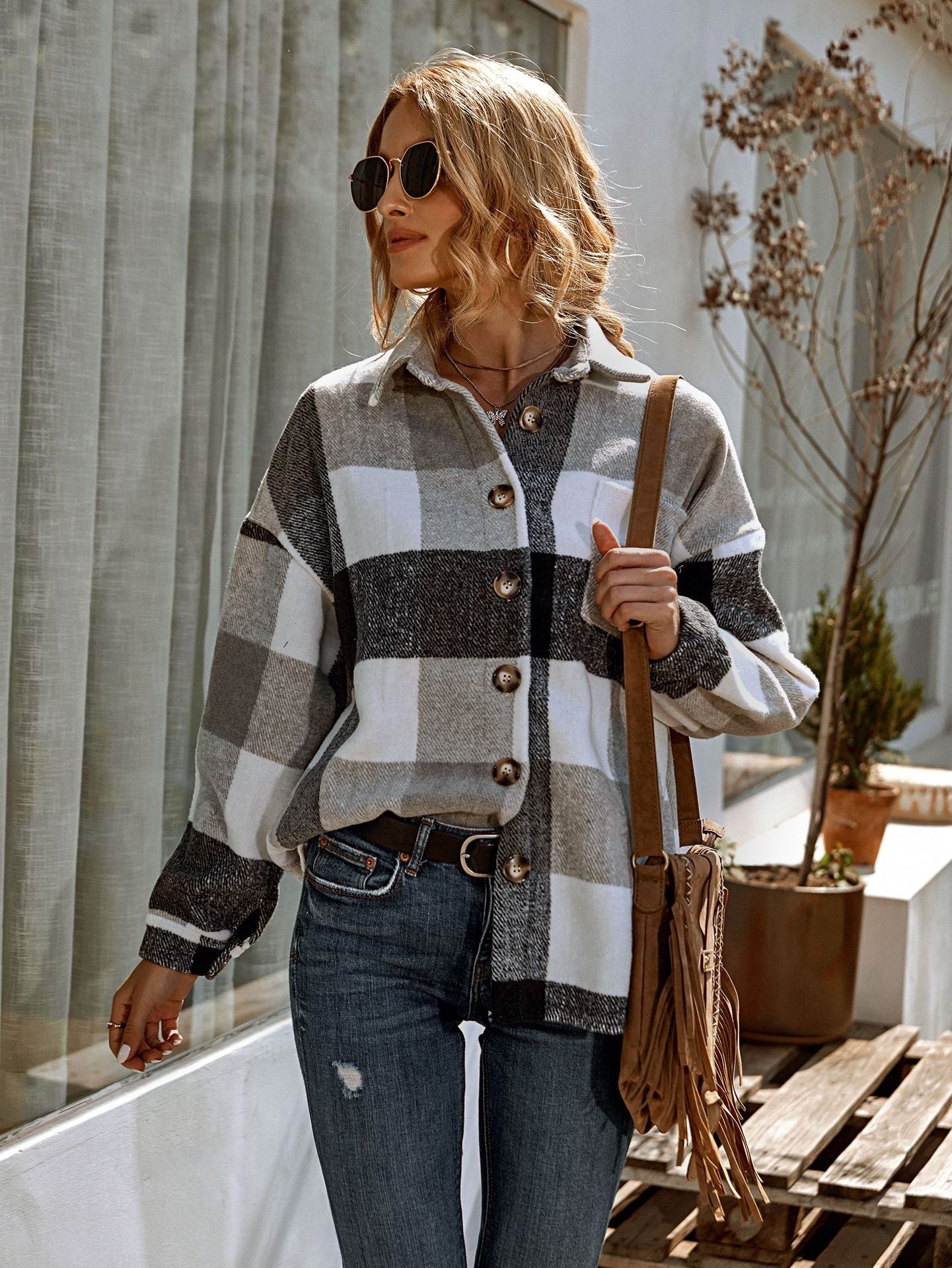 Mode Revers Lose Casual Shirt Große Plaid Jacke