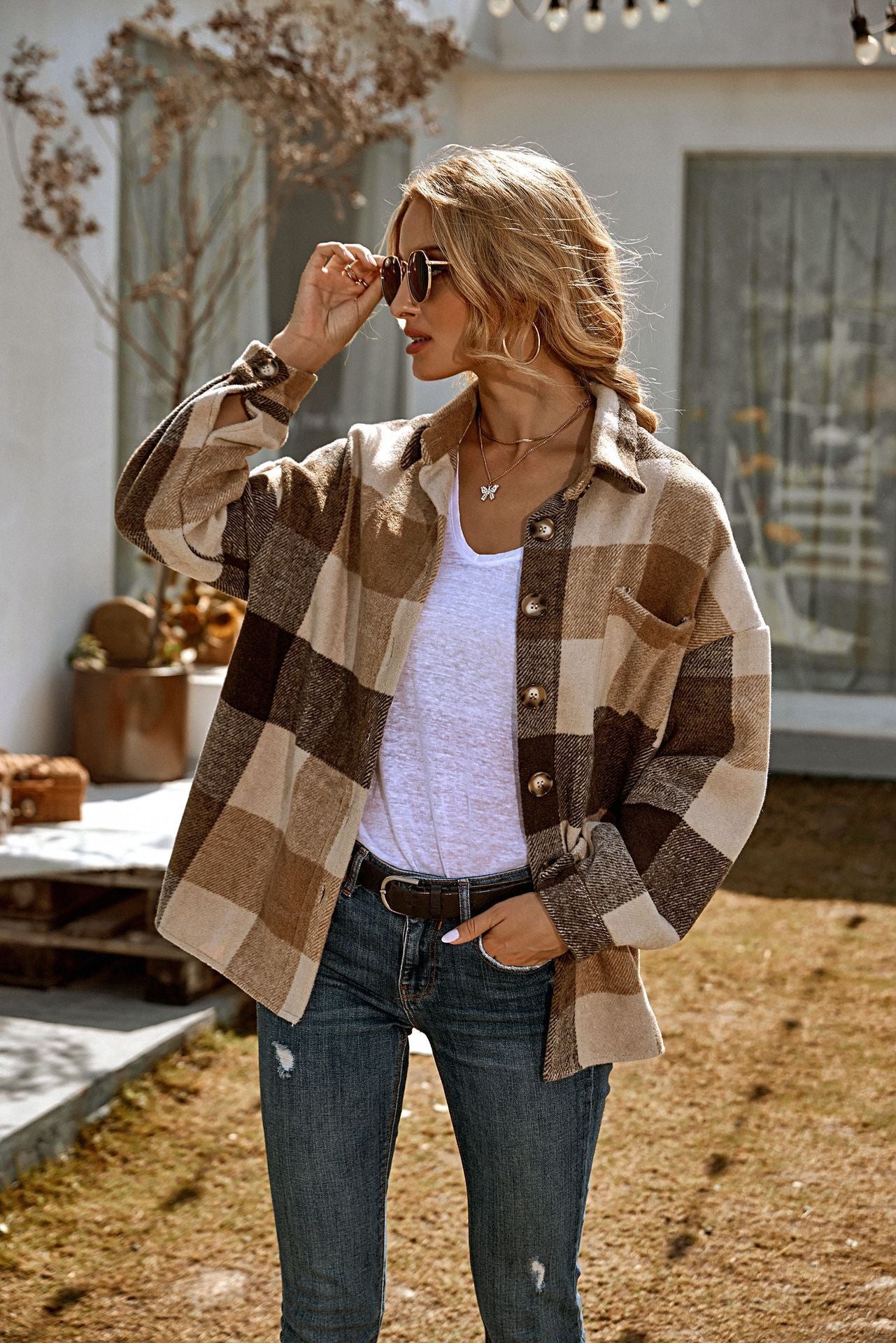 Mode Revers Lose Casual Shirt Große Plaid Jacke