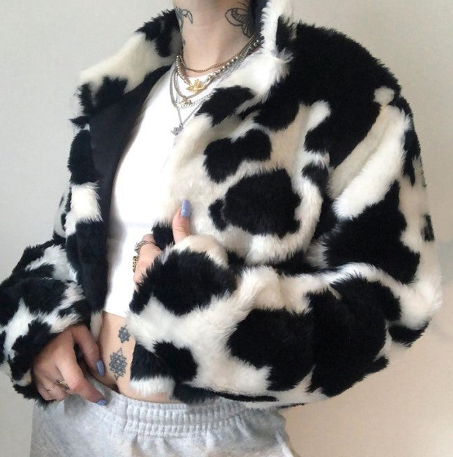 Hip-Hop Punk Black And White Cow Print High Neck Zipper Short Jacket