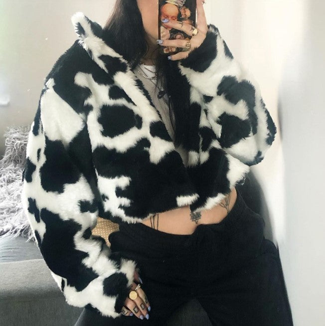 Hip-Hop Punk Black And White Cow Print High Neck Zipper Short Jacket