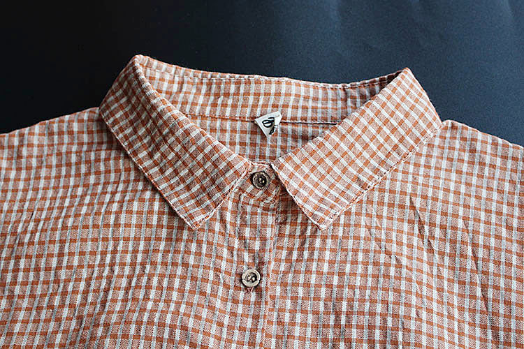 Cotton And Linen Shirt With Plaid Lapel And Belted Waist