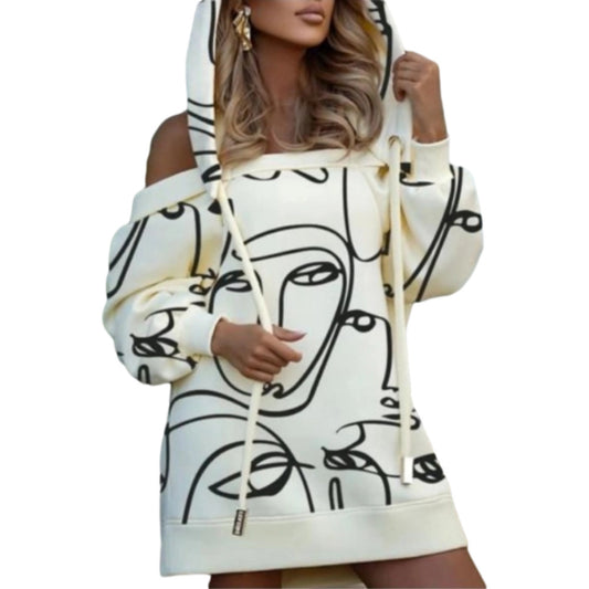 Women's Printed Mid-Length Stitching Off-Shoulder Hooded Long-Sleeved Sweater