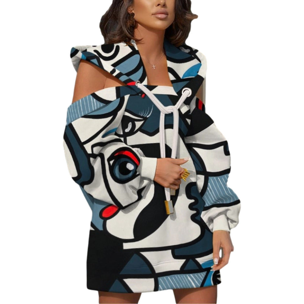 Women's Printed Mid-Length Stitching Off-Shoulder Hooded Long-Sleeved Sweater