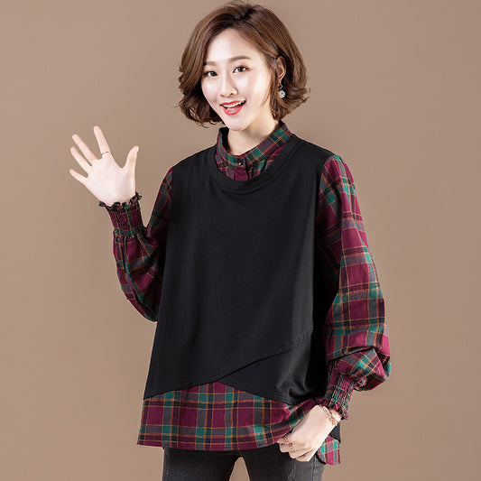 College Style Loose Large Size Fake Two-piece Lattice Stitching