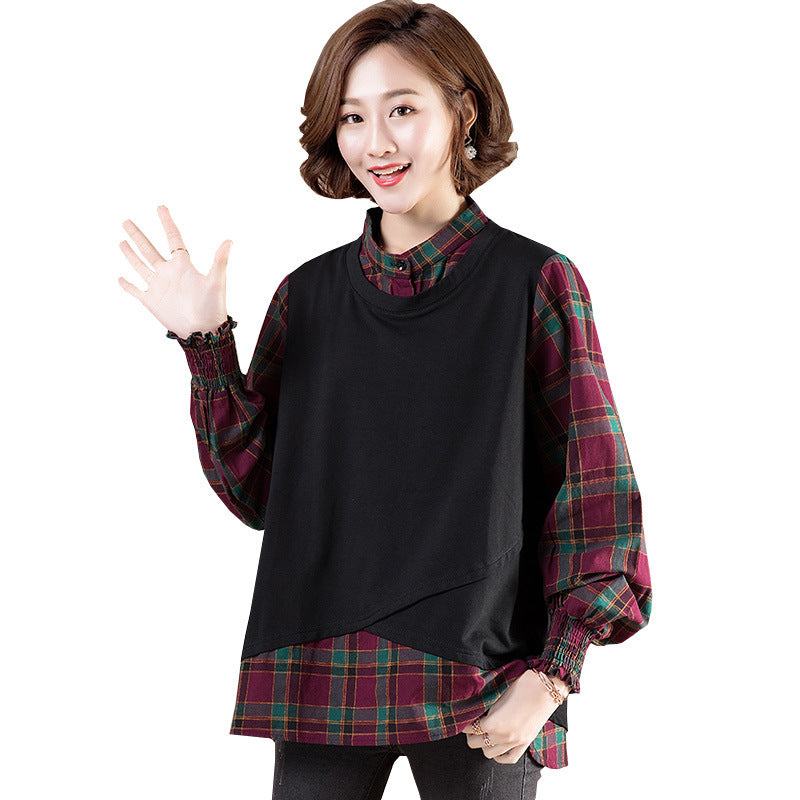 College Style Loose Large Size Fake Two-piece Lattice Stitching