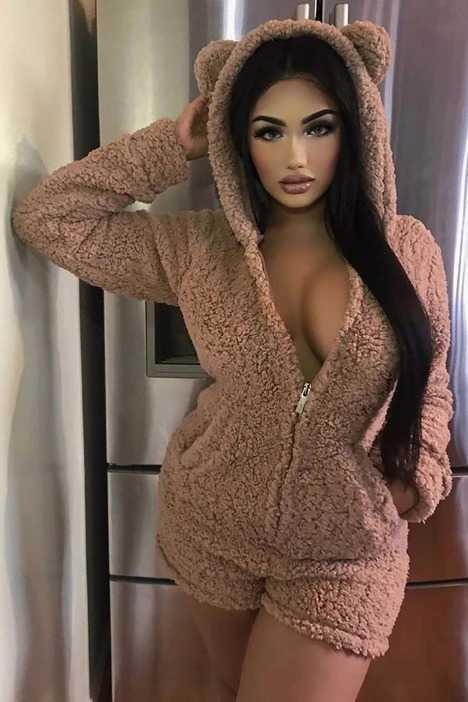 Hooded Long Sleeve Plush Jumpsuit