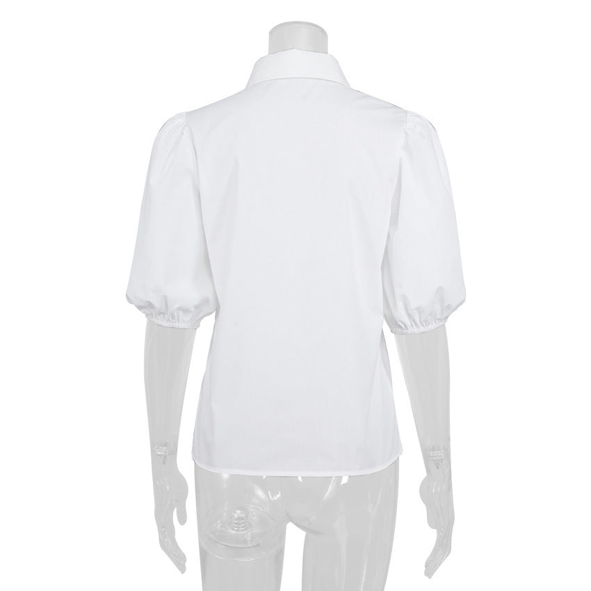 Camisa de manga corta profesional blanca con mangas abullonadas para mujer