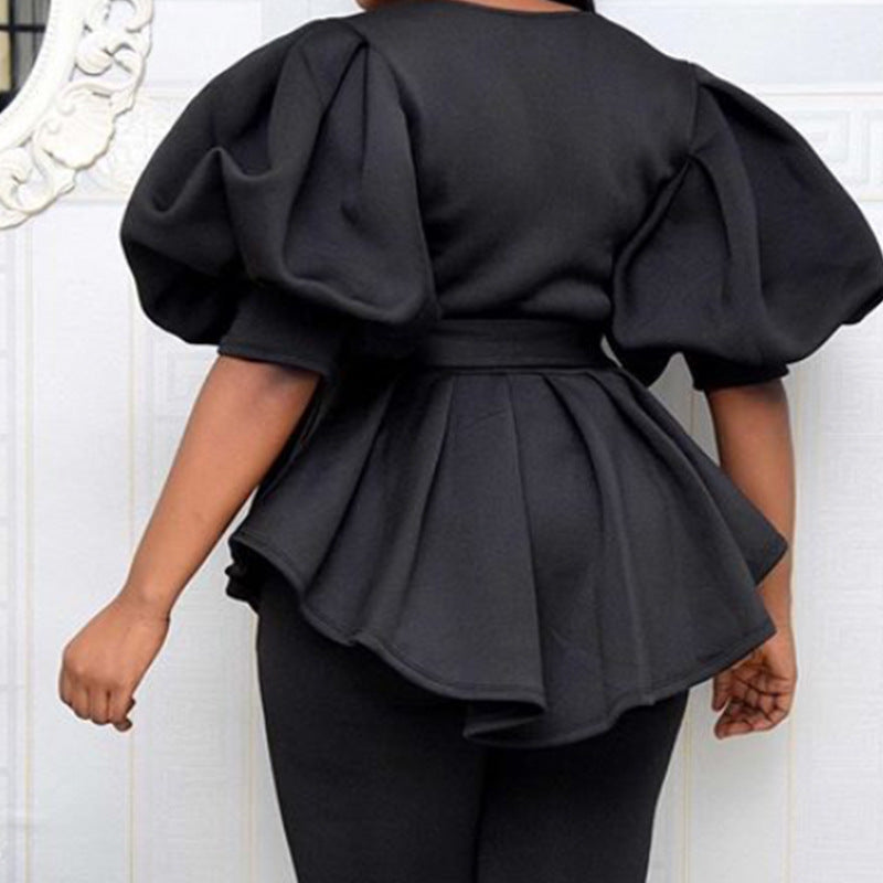 Deep V Puff Sleeve Ruffled Large Size Slim Fit Shirt with Belt