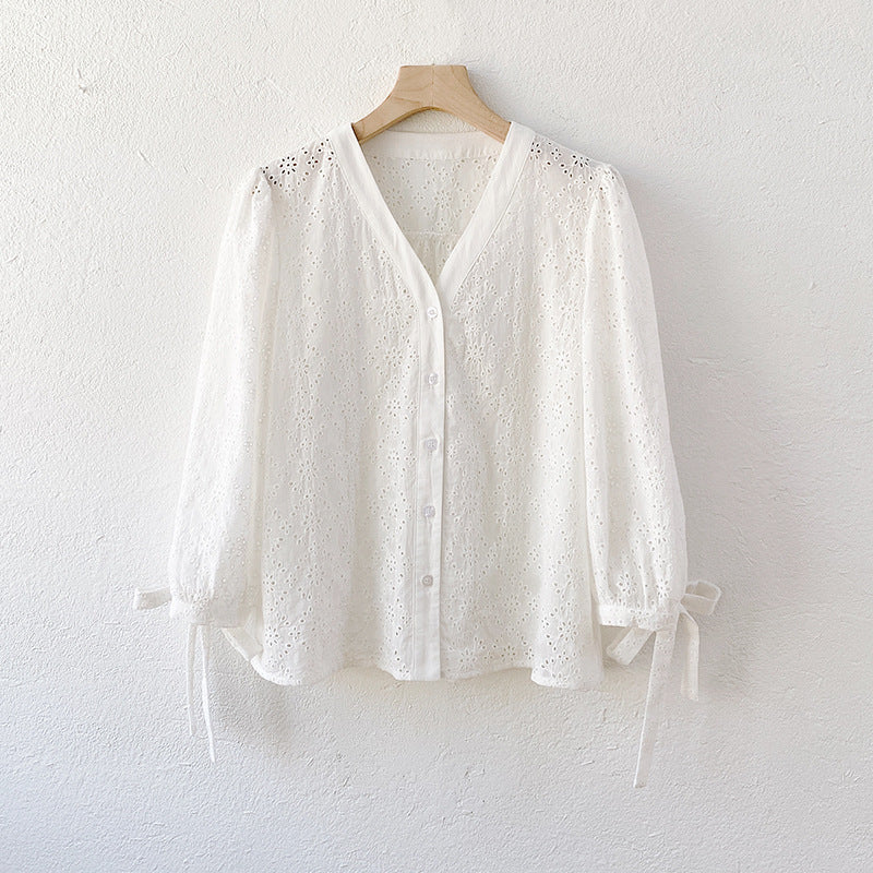 Weißes, besticktes französisches Baumwollhemd für Damen