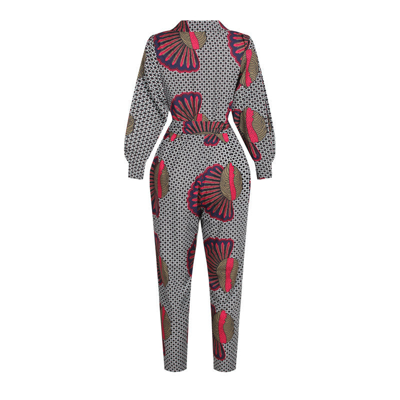 Damen V-Ausschnitt Herbst Langarm Jumpsuit Afrikanischer Stil Kurze Hose