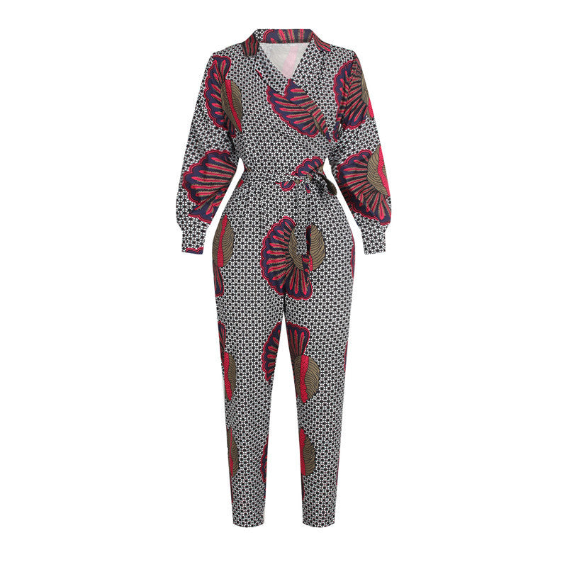 Damen V-Ausschnitt Herbst Langarm Jumpsuit Afrikanischer Stil Kurze Hose