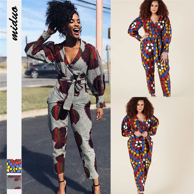 Damen V-Ausschnitt Herbst Langarm Jumpsuit Afrikanischer Stil Kurze Hose