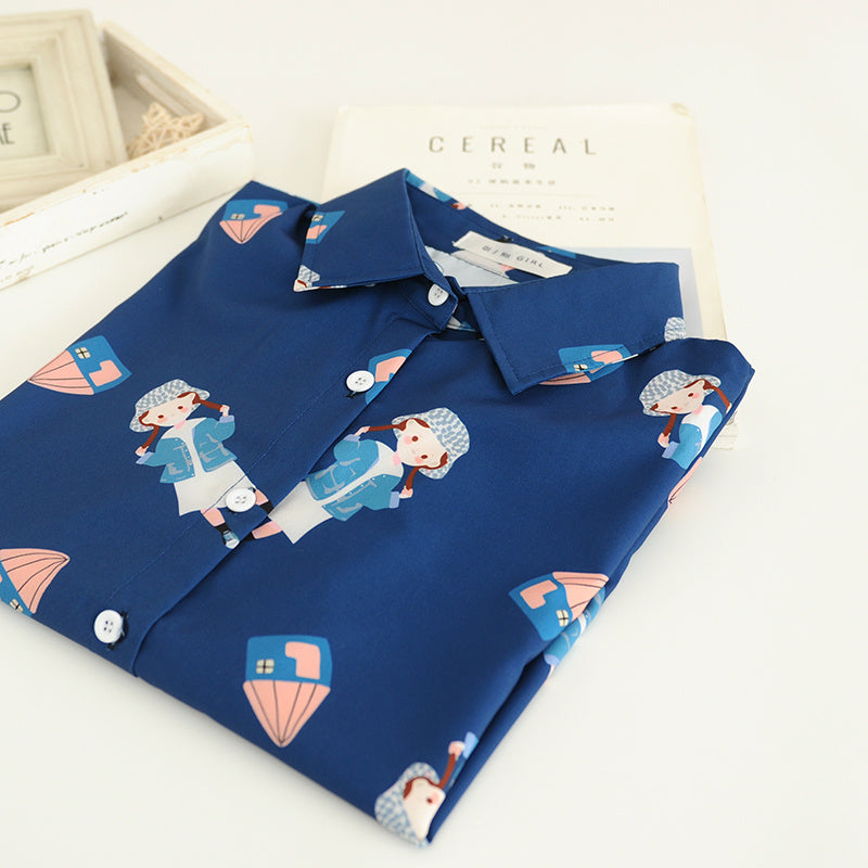 College Girl Print Dark Blue Chiffon Shirt