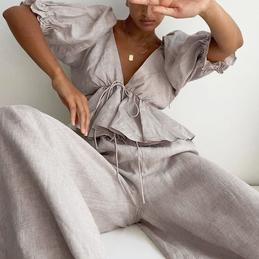 Camisa de burbujas de algodón y lino con cuello en V para mujer de primavera