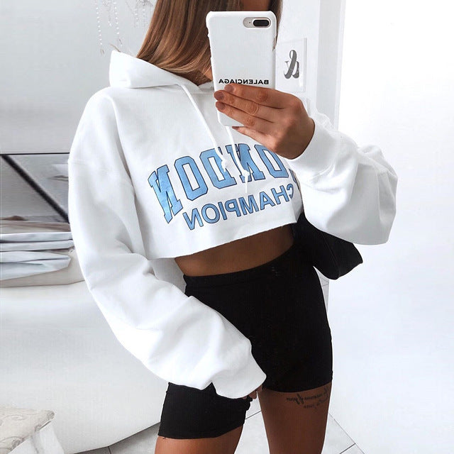 Explosion Style Herbst Langarm Hoodie Frauen Crop Top Weiß