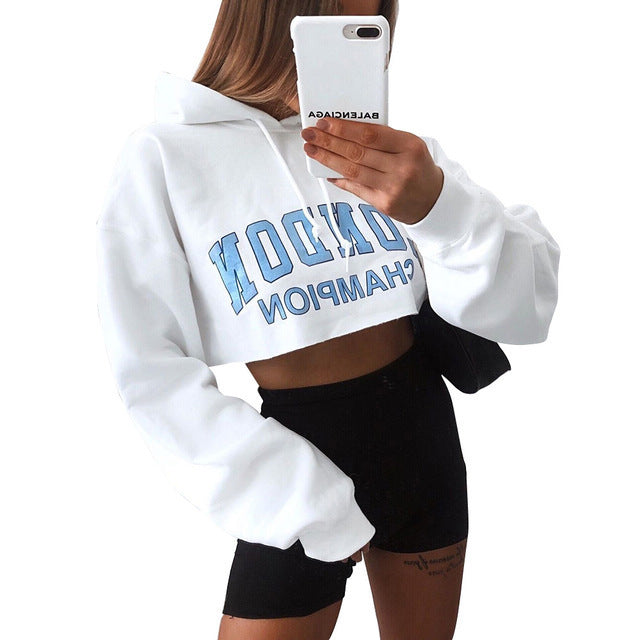 Explosion Style Herbst Langarm Hoodie Frauen Crop Top Weiß