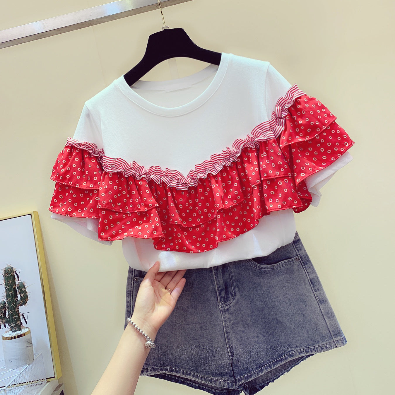 Fungus Ruffle Stitching Cotton Short-Sleeved t-Shirt Women