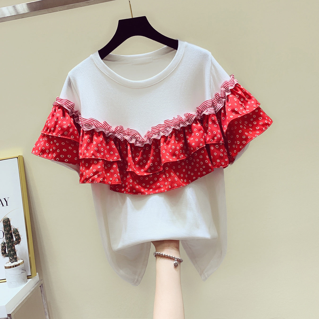 Fungus Ruffle Stitching Cotton Short-Sleeved t-Shirt Women