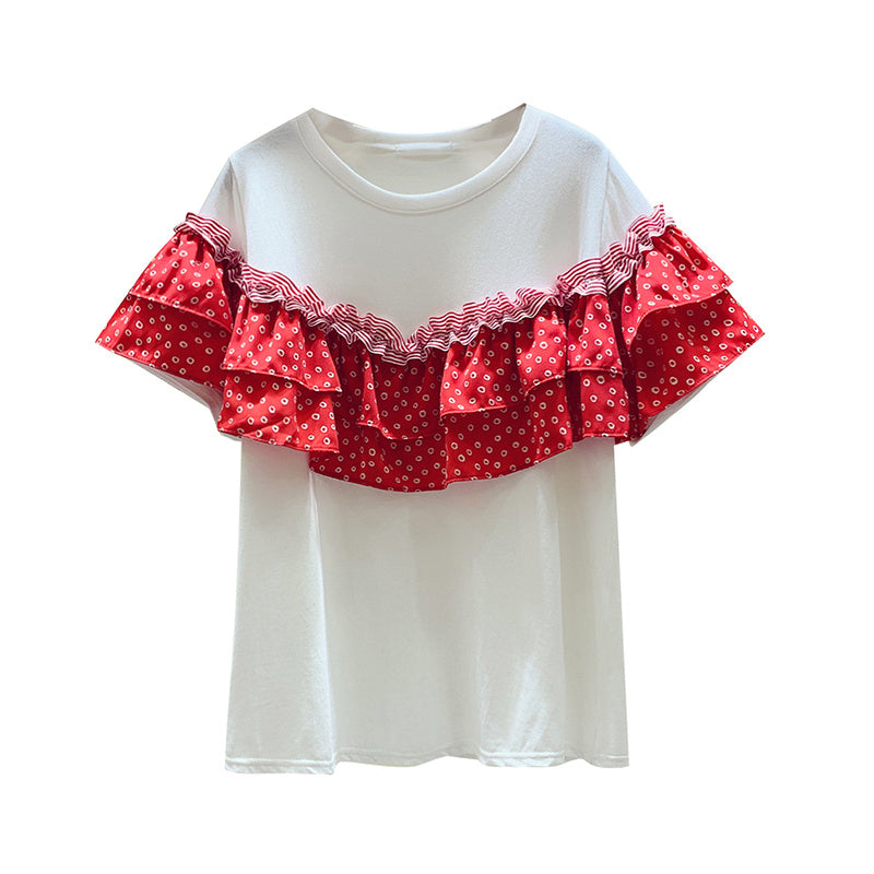 Fungus Ruffle Stitching Cotton Short-Sleeved t-Shirt Women