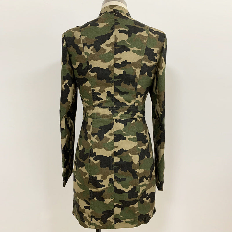 Epaulet Collar Camouflage Dress Gold Button Chain Shirt Skirt