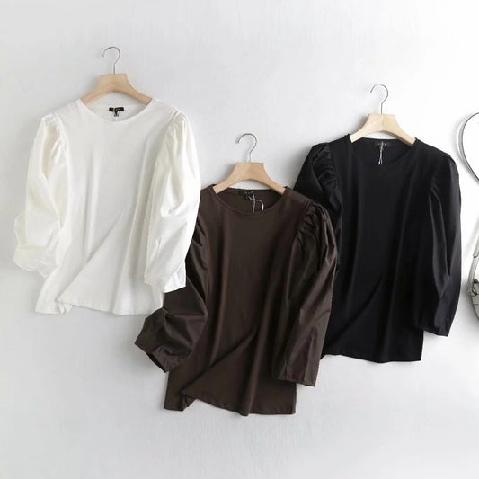 Fashion Retro Puff Sleeve Solid Color Simple Cotton Casual Women's Shirt