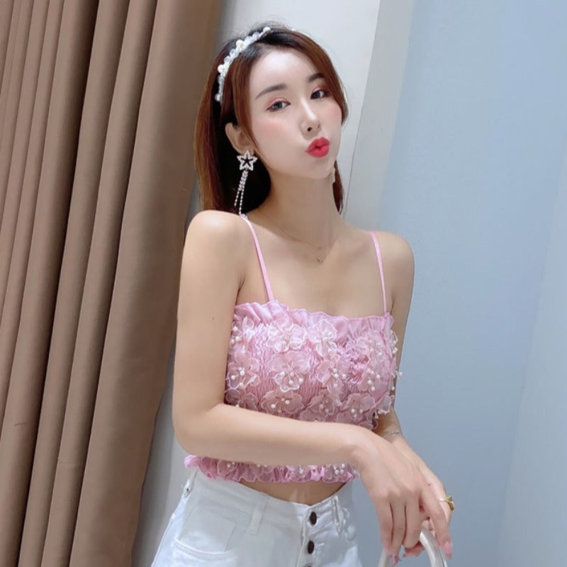 Three-Dimensional Flower Pearl Net Red Waist Top Women's Clothing