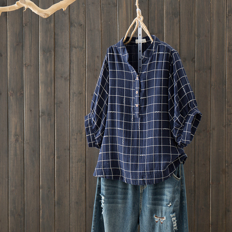 Fresh Stand-Collar Plaid Loose Bat Shirt