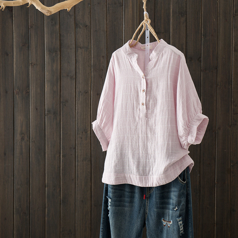 Fresh Stand-Collar Plaid Loose Bat Shirt