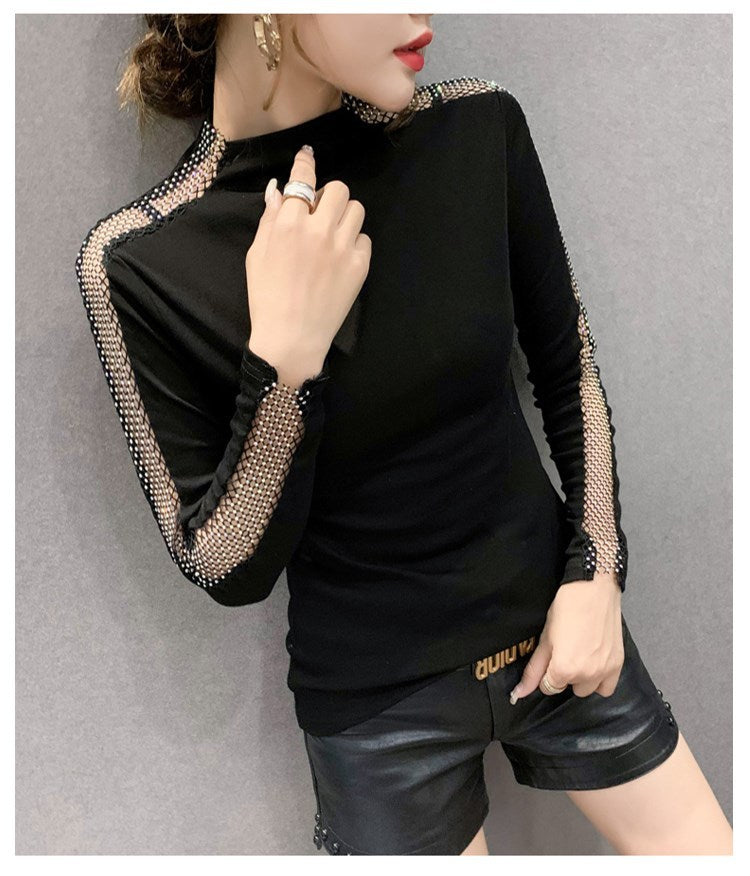 Women's Bottoming Shirt Spring And Autumn All-Match Fashion Good-Looking Half-High Collar European Station T-shirt Heavy Industry Hot Drilling Long-Sleeved Shirt Was Thin