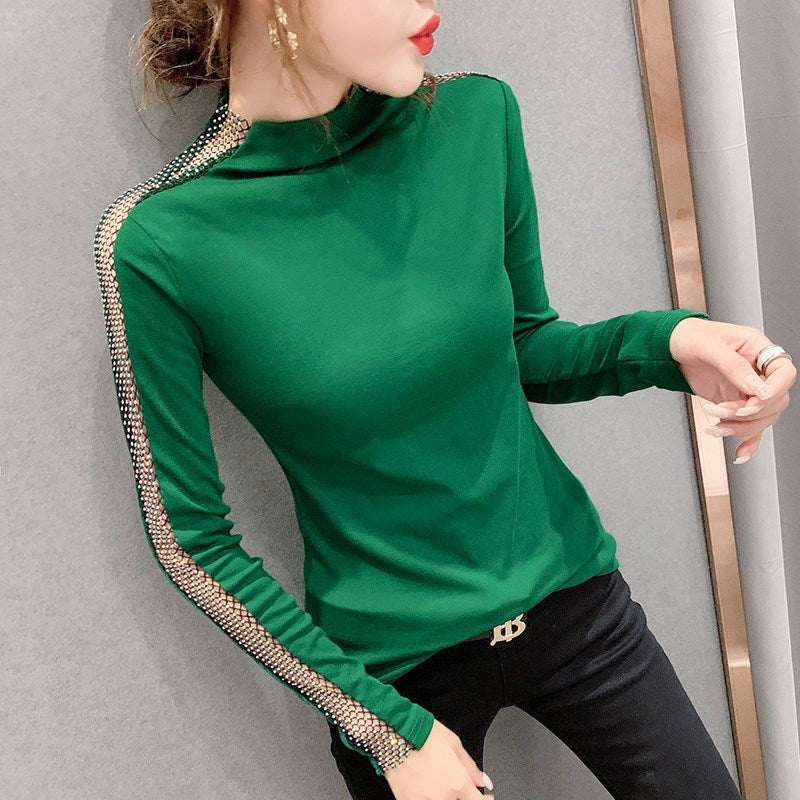 Women's Bottoming Shirt Spring And Autumn All-Match Fashion Good-Looking Half-High Collar European Station T-shirt Heavy Industry Hot Drilling Long-Sleeved Shirt Was Thin