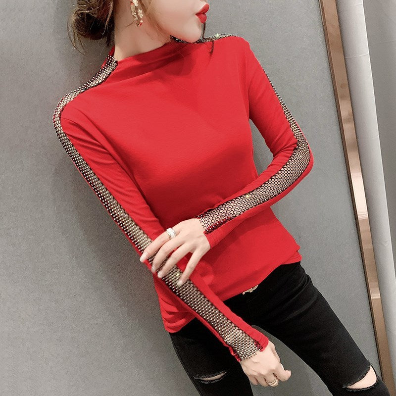 Women's Bottoming Shirt Spring And Autumn All-Match Fashion Good-Looking Half-High Collar European Station T-shirt Heavy Industry Hot Drilling Long-Sleeved Shirt Was Thin