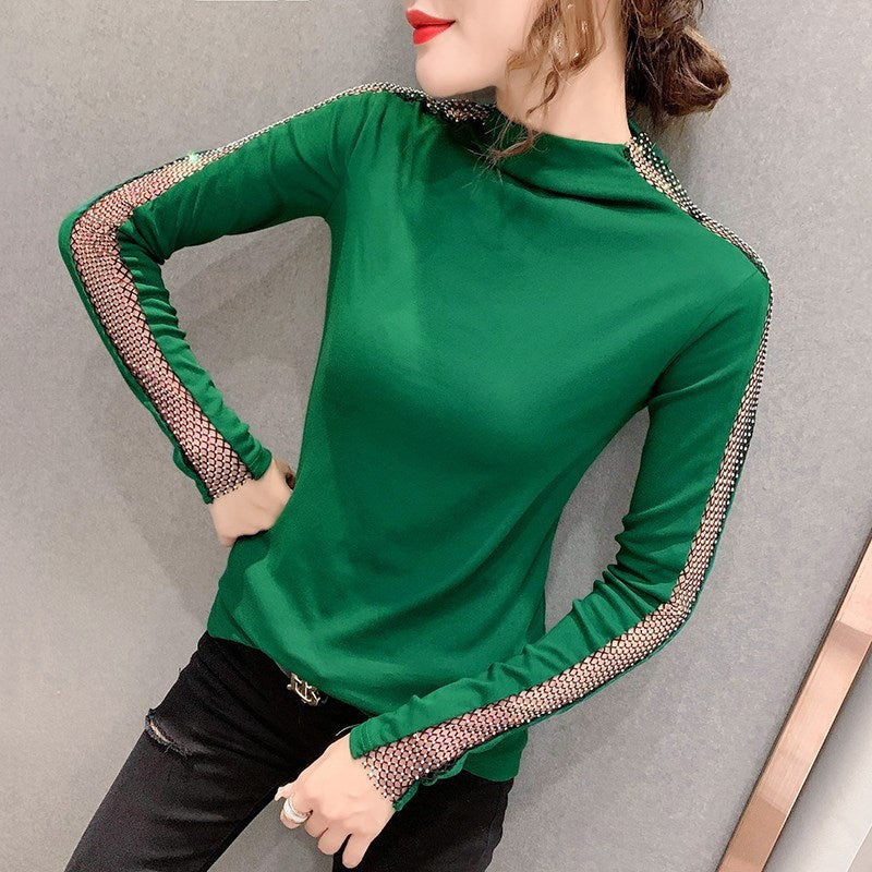 Women's Bottoming Shirt Spring And Autumn All-Match Fashion Good-Looking Half-High Collar European Station T-shirt Heavy Industry Hot Drilling Long-Sleeved Shirt Was Thin