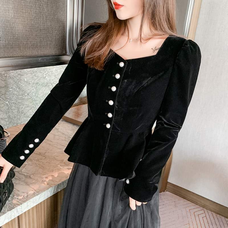 Good Quality Gold Velvet Square Collar Shirt Spring And Autumn New French Style Retro Waist Top Western Style Long-Sleeved Shirt