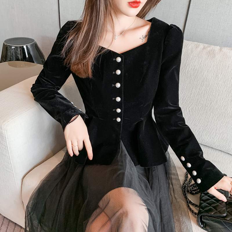 Good Quality Gold Velvet Square Collar Shirt Spring And Autumn New French Style Retro Waist Top Western Style Long-Sleeved Shirt