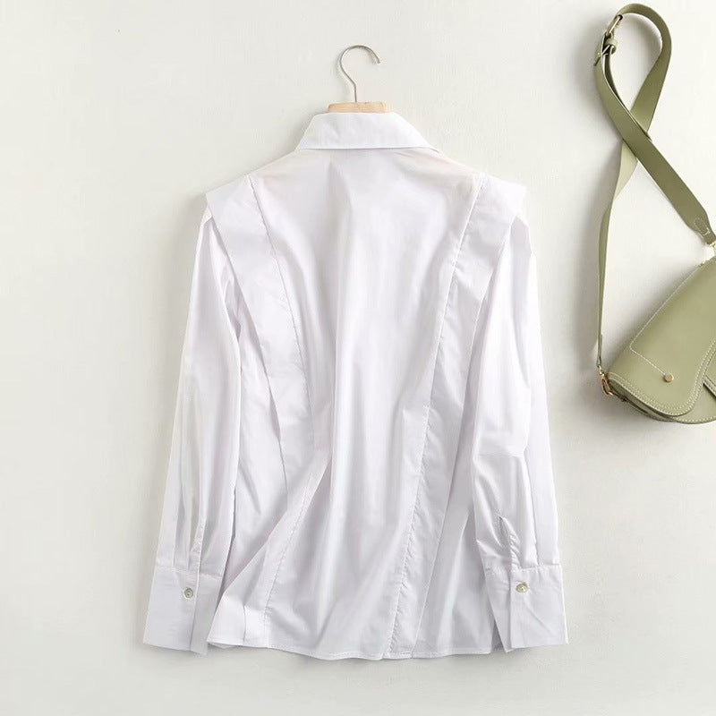 Autumn Temperament Long-Sleeved Blouse Plain Design Sense Poplin Ladies White Shirt