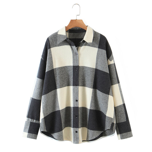 Autumn And Winter European And American Women'S Fashion Plaid Woolen Loose Shirt Jacket Coat